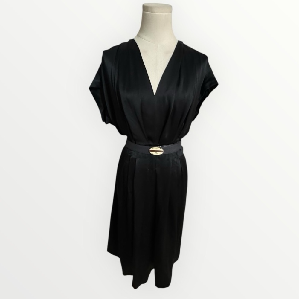 PAS DE CALAIS Black Silk V-Neck Mini Shirt Dress Flowy 36 S M 4 6 8 Party Luxury
